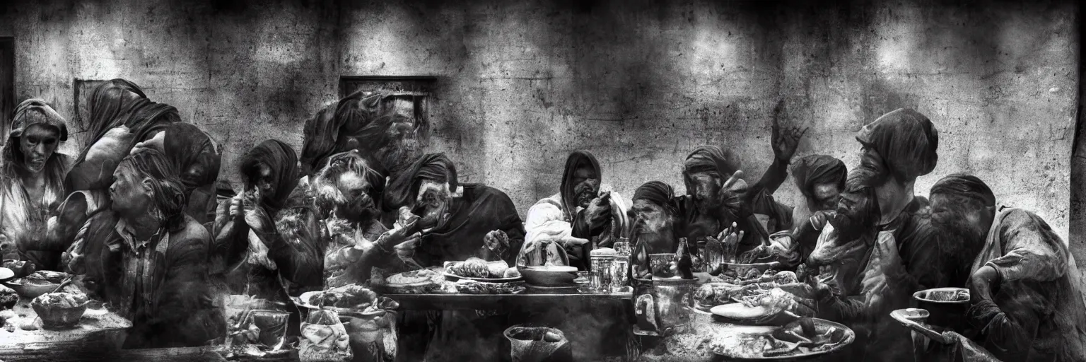 Prompt: Award Winning Editorial wide-angle picture of a Tramps in a new York Soup Kitchen by David Bailey and Lee Jeffries, called 'The Last Supper', 85mm ND 5, perfect lighting, gelatin silver process