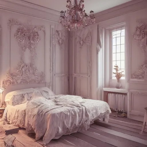 Image similar to a detalied 3 d render of a shabby chic room, by valentin franke, ilya galinsky trending of artstation, photorealism, fashion photography