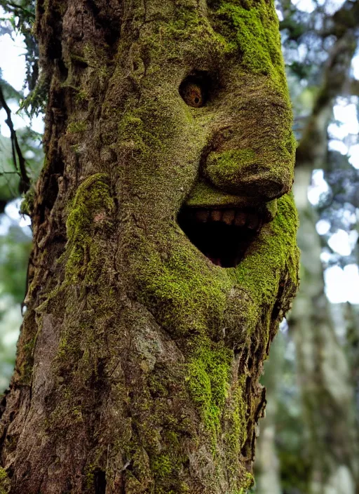 Prompt: photograph of hyperrealistic detailed ancient face in a tree covered with thick bark and moss