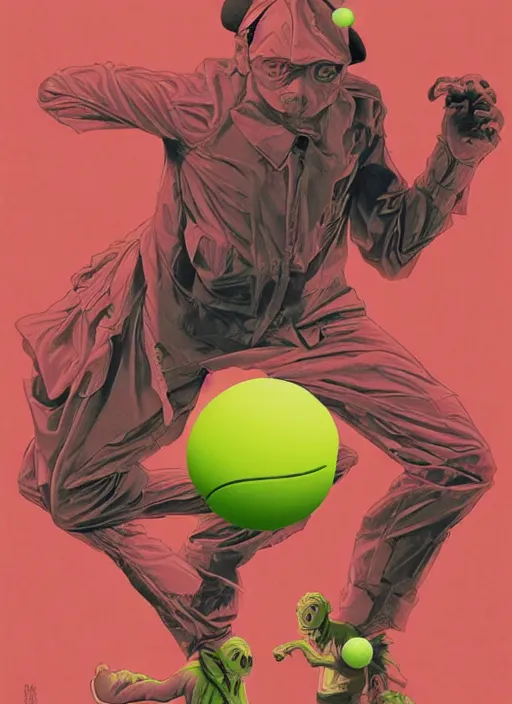 Prompt: tennis ball monsters, poster artwork by Michael Whelan and Tomer Hanuka, Karol Bak Major Buster Keaton , clean