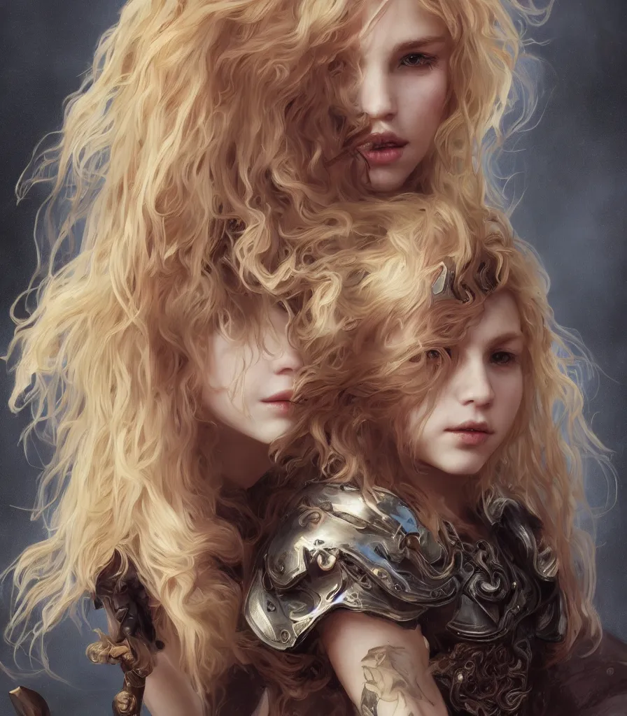 Prompt: portrait of a blonde vampire girl, child, freckles, fierce, messy curly hair, dark leather armor, sword, intricate and very beautiful and elegant, highly detailed, digital painting, artstation, concept art, smooth and sharp focus, cg by tian zi and wlop and alphonse mucha