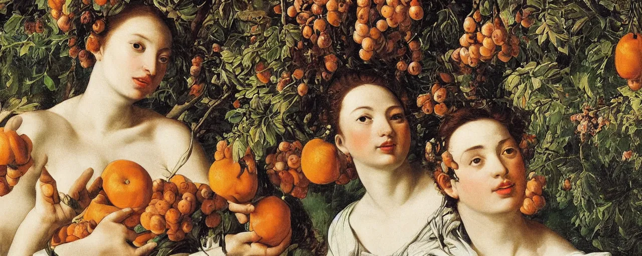 Prompt: men and women, closeup portrait, garden with fruits on trees, ultra detailed, Orazio Gentileschi style