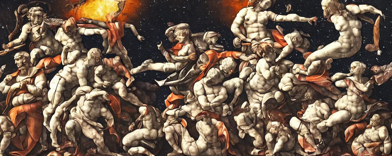 Prompt: hyperdetailed astronauts seen from the long distance. in the style of Michelangelo and Caravaggio with sci-fi flemish baroque mixed media elements. pastel tones. matte background HD 8x