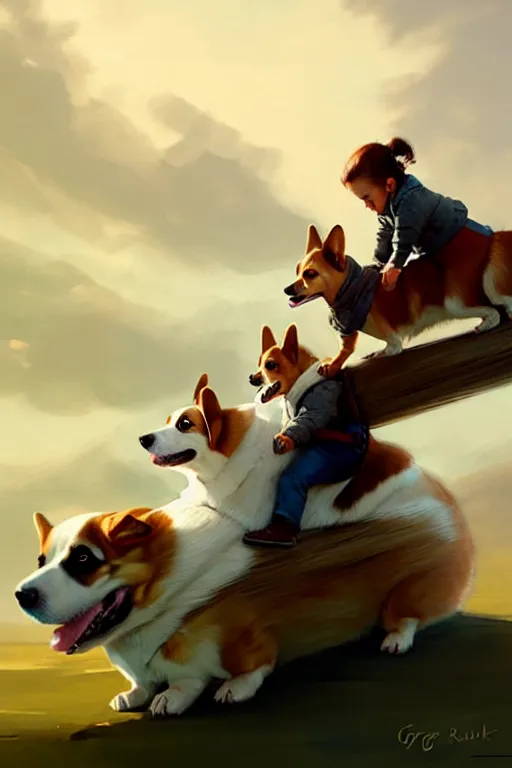 Image similar to tiny girl riding on the back of a giant corgi by greg rutkowski