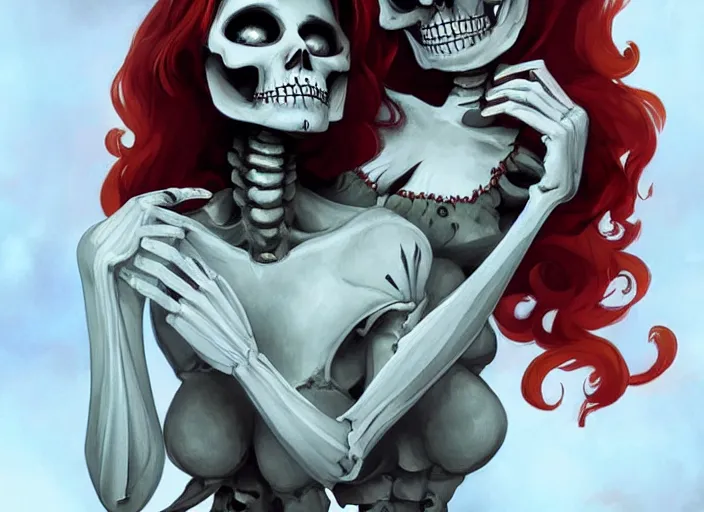 Image similar to cute & beautiful smug smiling mexican undead skeleton girl with red hair dressed as a witch, elegant, digital art, fantasy, pixar style, painting, pin up, highly detailed, artstation, art by artgerm, vrubel, boris vallejo and ilya kuvshinov