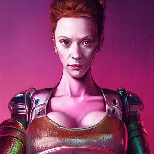 Image similar to highly detailed upper body portrait christina hendricks wearing shiny metallic pink plastic armor cyberpunk in gta v, stephen bliss, unreal engine, fantasy art by greg rutkowski, loish, rhads, ferdinand knab, makoto shinkai and lois van baarle, ilya kuvshinov, rossdraws, tom bagshaw, global illumination, radiant light, detailed and intricate environment