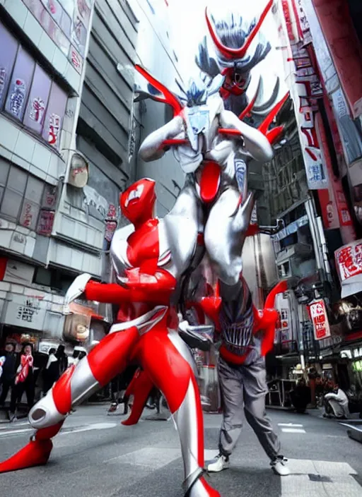 Image similar to The giant kyodai hero Ultraman was fighting with Zetton in the streets of Tokyo.Ultraman style.