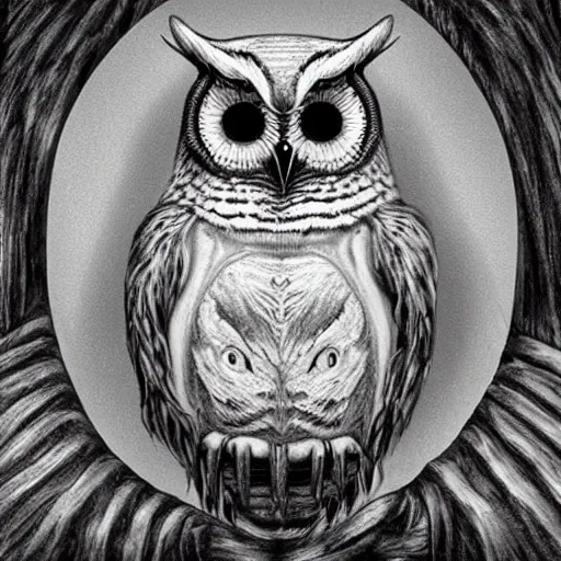 Image similar to owl inside creepy scary nightmare atmosphere, realsitic