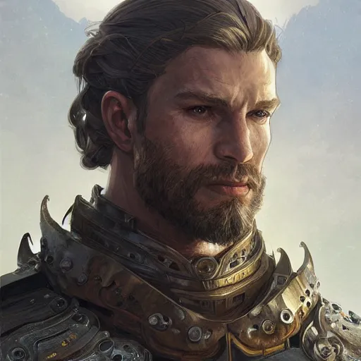 Image similar to portrait of a rugged male armored paladin, D&D, fantasy, intricate, elegant, highly detailed, digital painting, artstation, concept art, smooth, sharp focus, illustration, art by artgerm and greg rutkowski and alphonse mucha