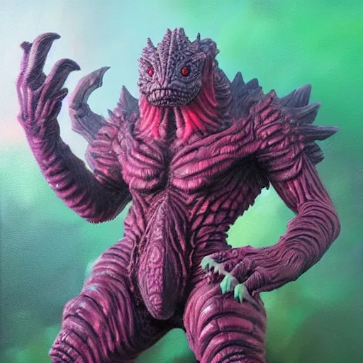 Prompt: a kaiju figurine super detailed oil painting with muted fluo colors