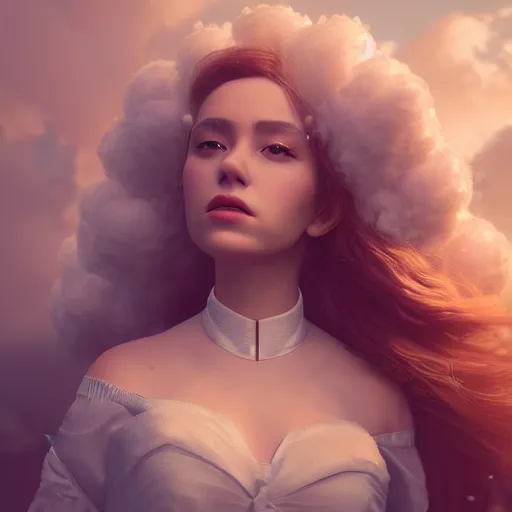 Image similar to beautiful girl in full gown blowing clouds, beautiful portrait, character concept style trending on artstation concept art detailed octane render cinematic photo - realistic 8 k high detailed