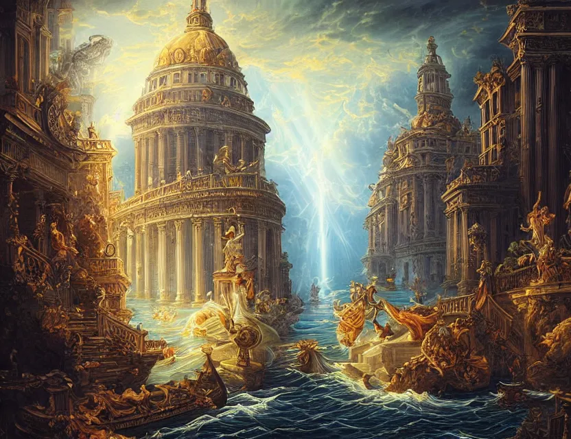 Image similar to ocean spirit lost in a metropolis. this rococo painting by the award - winning artist has dramatic lighting, an interesting color scheme and intricate details.