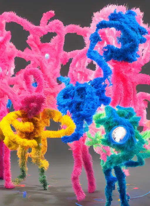 Image similar to group of giant sakura people dancing made out of fluffy pipe cleaners in the style of Jean-Michel Basquiat lit with glowing CRT lighting, 3D cinematic lighting, spotlight at a 90 DEGREE ANGLE, photorealism, octane render, depth of field, 8k, 35mm, artgem, Trending on artstation