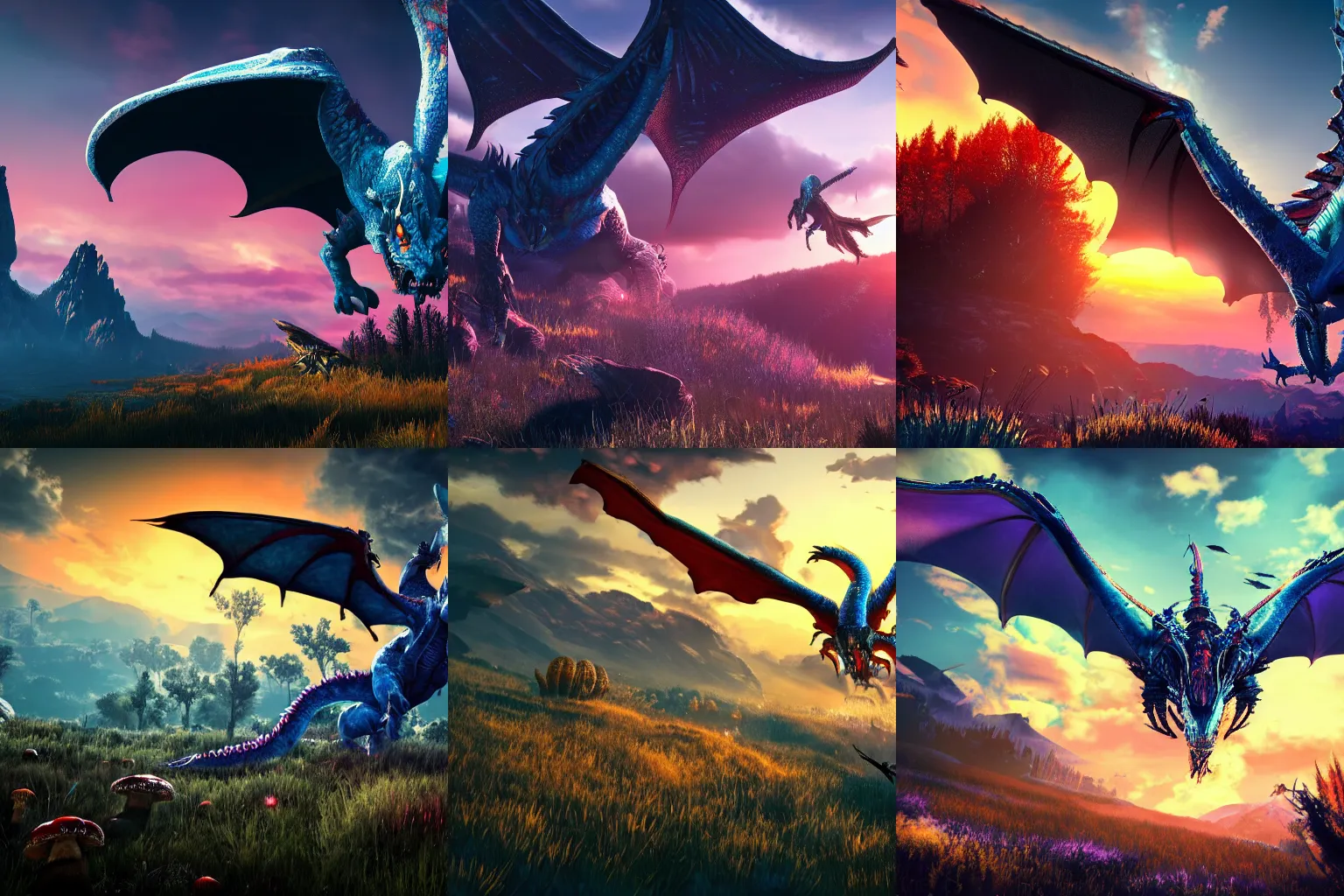 Prompt: Blue dragon flying over a sunset on an alien world, with a mushroom forest and white grass. Style of Witcher 3. High detail. 4K. Realistic. Colorful and beautiful.