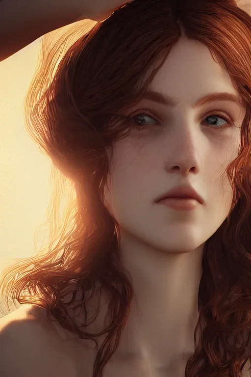 Image similar to beautiful portrait of a beautiful woman, Portrait, Rays of Shimmering Light, Natural Lighting, Artstation, by Pre-Raphaelite Brotherhood, Unreal Engine