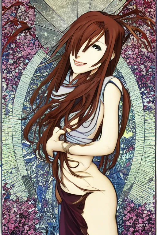 Image similar to Smiling Kurisu Makise tonemapped in the style of Ayami Kojima and Alphonse Mucha