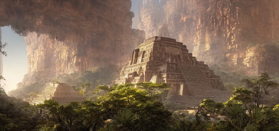 Image similar to beautiful highly detailed matte painting of an intricate mayan futuristic brutalist jade ancient temple in a valley surrounded by canyons, by Craig Mullins and Denis Villeneuve, octane rendering, 8k