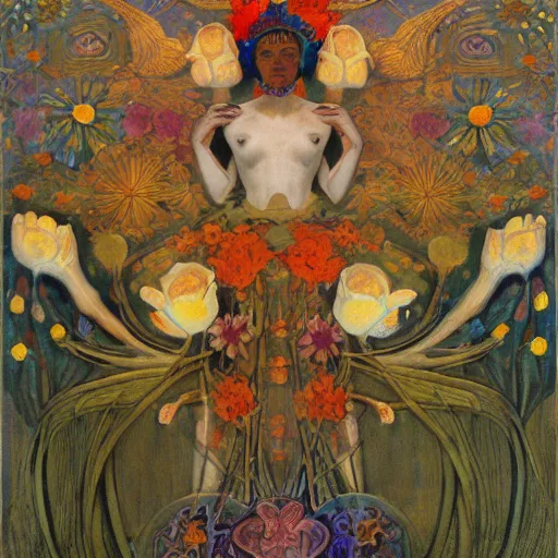 Image similar to the crown of flowers and bones, by Annie Swynnerton and Nicholas Roerich and Diego Rivera, bioluminescent skin, elaborate costume, geometric ornament, symbolist, cool colors, smooth, sharp focus, extremely detailed