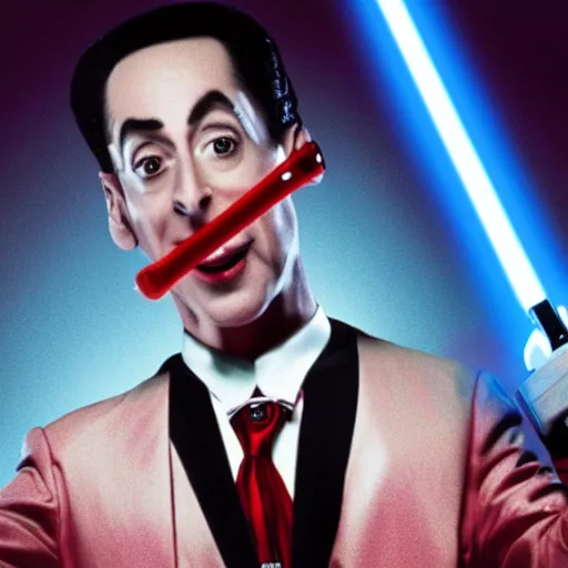 Image similar to Pee-Wee Herman wielding a red lightsaber 4K hdr