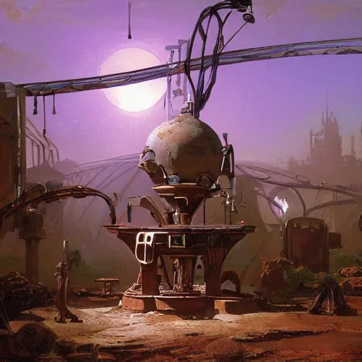 Prompt: painting of syd mead artlilery scifi organic shaped well with ornate metal work lands on a farm, fossil ornaments, volumetric lights, purple sun, andreas achenbach