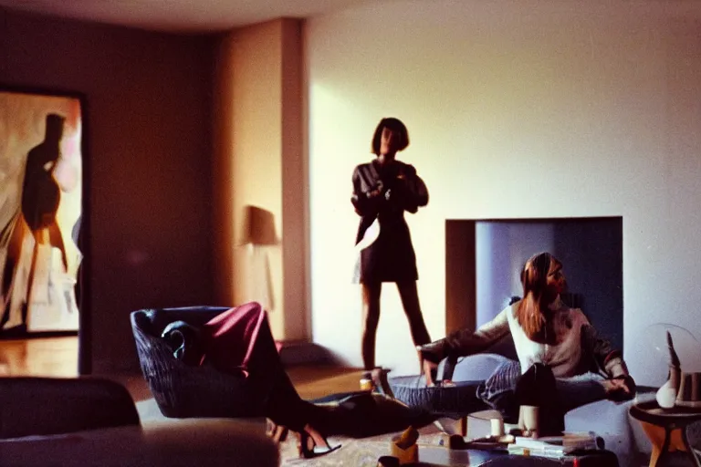 Image similar to photograph of strange presence radiating esoteric energy in modernist living room, crisp focus, backlit woman in foreground, highly detailed, in hipgnosis style, 3 5 mm ektachrome