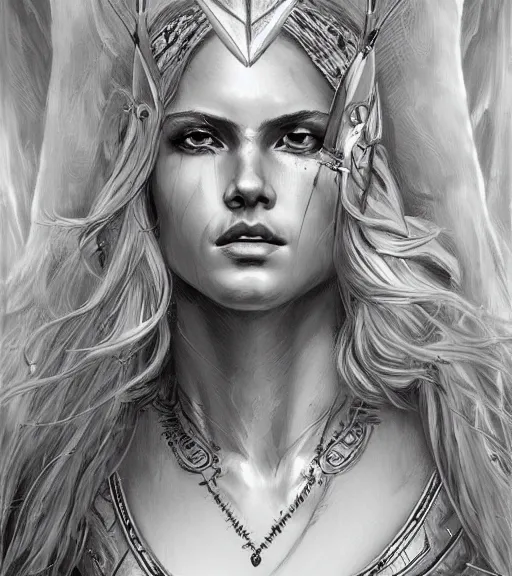 Image similar to portrait of astonishing aphrodite goddess as an archer warrior, arrow, beautiful piercing eyes, flowing blonde hair, realistic face, black and white drawing, in the style of greg rutkowski, fantasy, amazing detail, epic, intricate, elegant, smooth, sharp focus