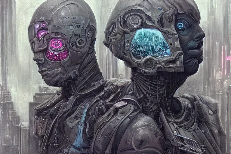 Image similar to highly detailed concept art of neuromancer characters, dystopian post - apocalyptic retrofuturistic neon vibe, an ultrafine detailed painting by hans giger and wayne barlowe, trending on deviantart, pop surrealism, whimsical, lowbrow, perfect symmetrical face, sharp focus, octane, masterpiece