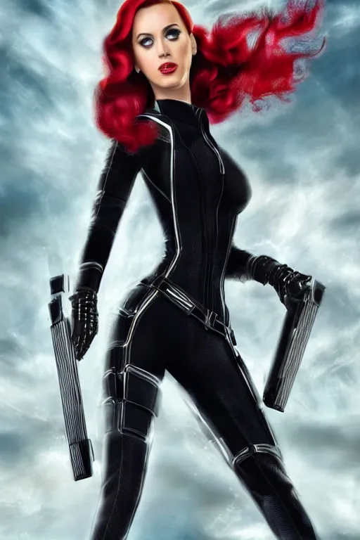 Image similar to katy perry as black widow in the avengers, portrait realistic photograph, very detailed face