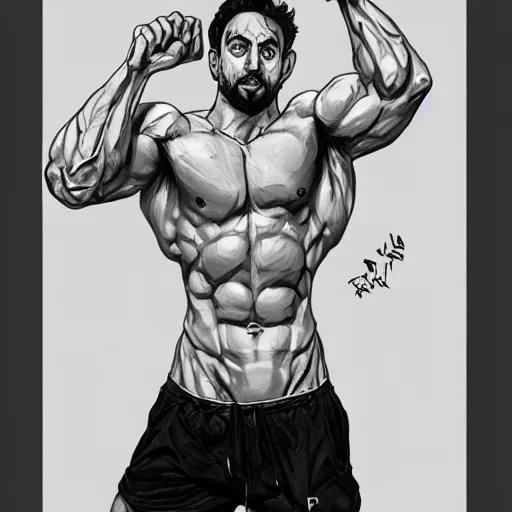 Image similar to Gigachad Sam Hyde flexing muscular body, wearing black shorts and white sneaker shoes, portrait of by Stanley Artgerm Lau, WLOP, Rossdraws, James Jean, Andrei Riabovitchev, Marc Simonetti, Yoshitaka Amano, ArtStation, CGSociety,