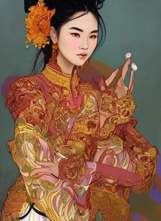 Image similar to portrait of an vietnam supermodels wearing traditional costume, highly detailed, digital painting, artstation, concept art, sharp focus, illustration, art by kittichai rueangchaichan and james gurney and alphonse mucha