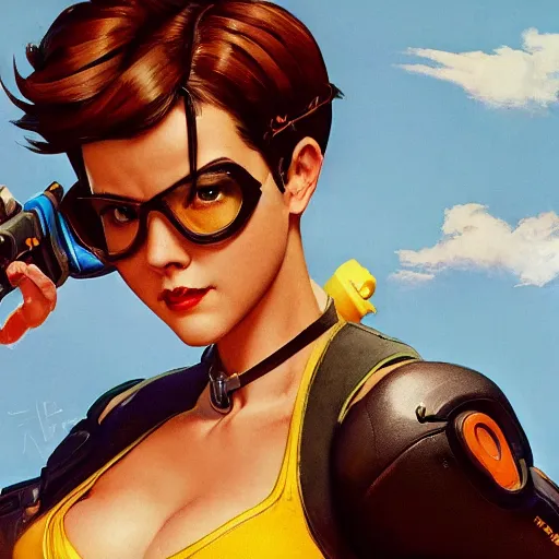 overwatch's tracer in a 1 9 5 0's pinup art,, Stable Diffusion