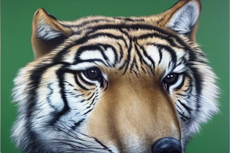 Image similar to wolf tiger hybrid animal, portrait by tim eitel