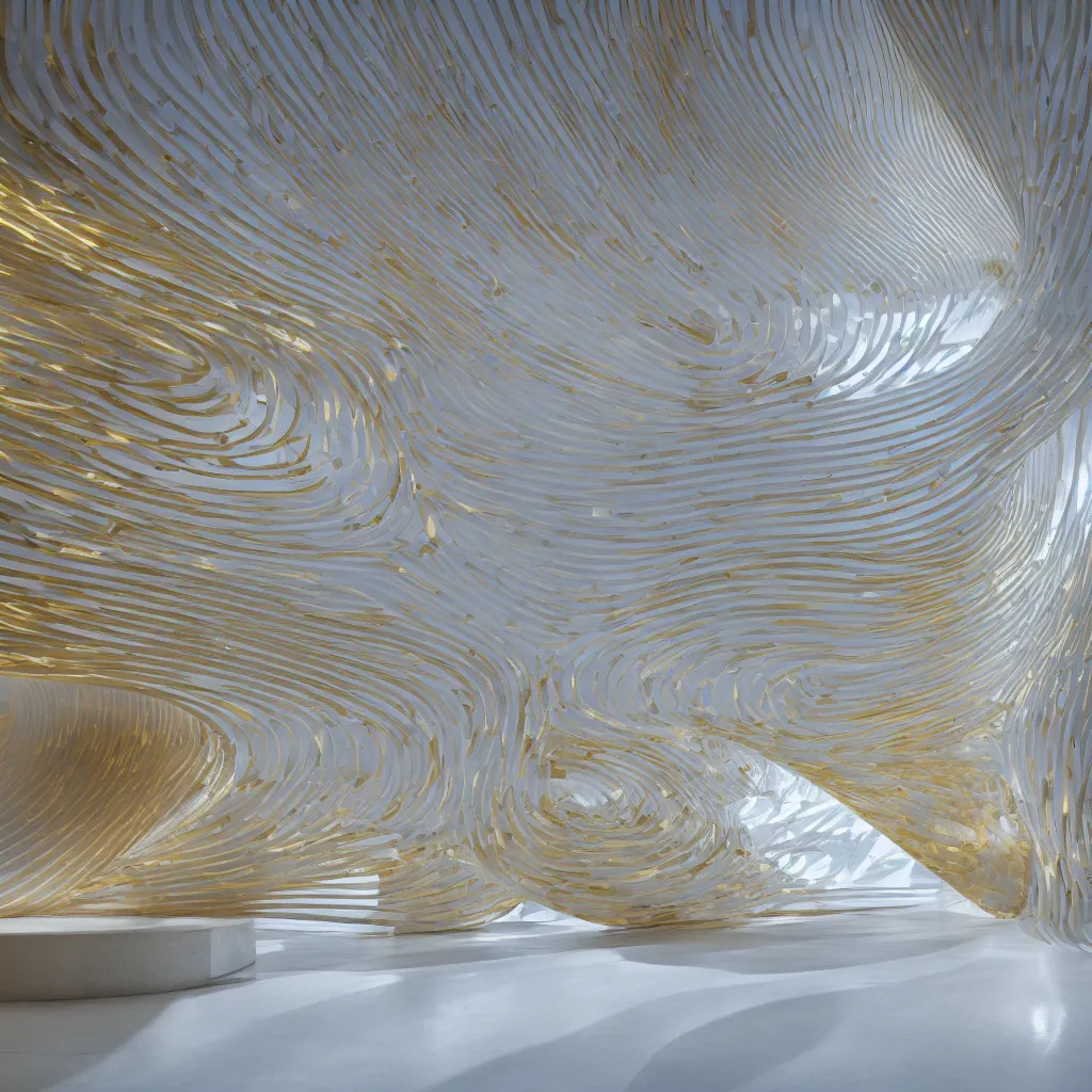 Image similar to an incredibly smooth curvilinear modern neo baroque interior architectural sculpture, a golden pool on the ground is envelope by folding white surfaces, blue light, visually satisfying architecture render