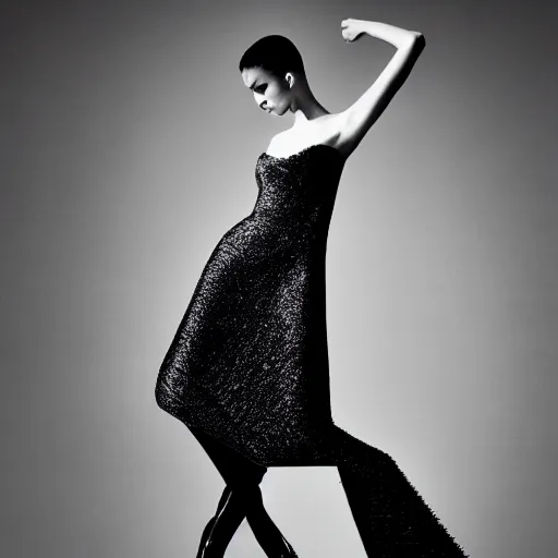 Image similar to a model dressed in an avant garde haute couture dress, angular minimalism, vogue editorial photo, sharp focus dynamic light