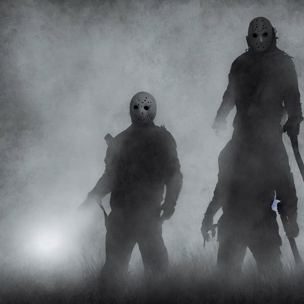 Prompt: jason voorhes, big house, monochrome, 4 k, evil, backlight, volumetric, shadows, anti - aliasing, rtx, in a symbolic and meaningful style