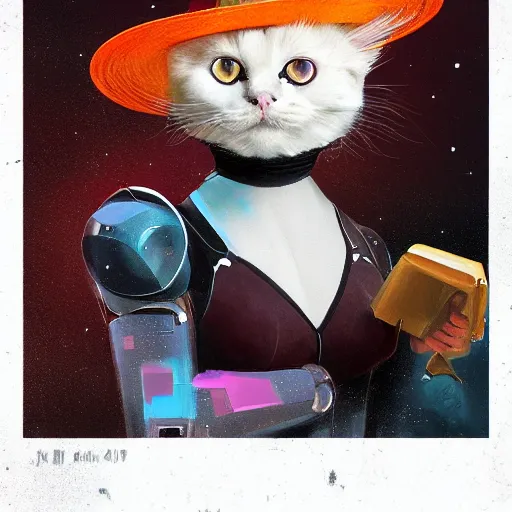 Image similar to a half robot cat wearing a hat medium shot, asymmetrical, profile picture, organic painting, nebula, matte painting, bold shapes, hard edges, street art, trending on artstation, by huang guangjian and gil elvgren and sachin teng