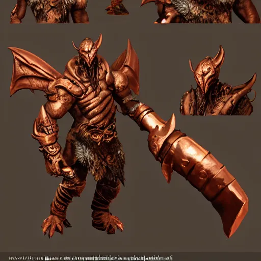 Image similar to concept art of a copper dragonborn barbarian with a lot of battlescars, character design, concept art, render, full-body turnaround, trending on artstation