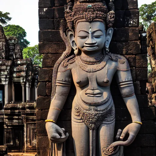 Prompt: angkor, asuras giant yaksha statues, front full body standing, holding snakes, photorealistic, photography hight quality, sharp, stones, award winning photography, canon, thierry rouzier