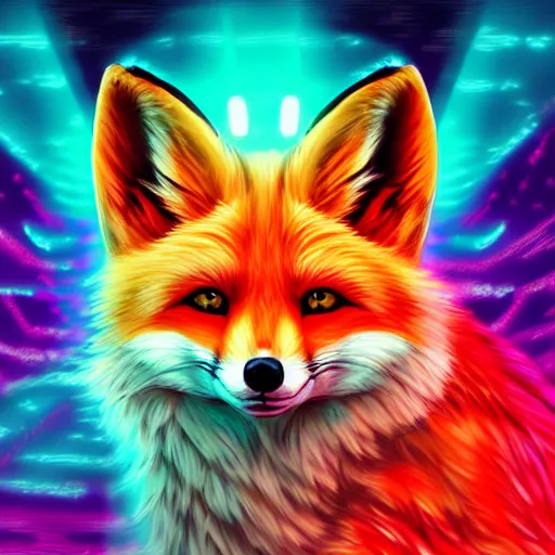 Image similar to digital fox, retrowave palette, highly detailed, anatomically correct vulpine, synth feel, fluffy face, ear floof, flowing fur, super realism, accurate animal imagery, 4 k digital art