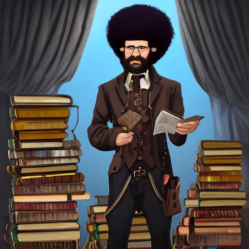 Image similar to a full shot of a steampunk Bob Ross with a black bob hair style holding a stack of books, standing in a steampunk reading room. in a steampunk reading room. digital illustration, soft lighting lighting, 8K, anime, trending on ArtStation, digital art. @MarioManiacDude