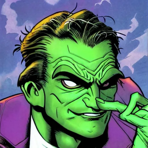 Prompt: Ted Cruz as the Green Goblin in 1990s comic cover illustration, bust