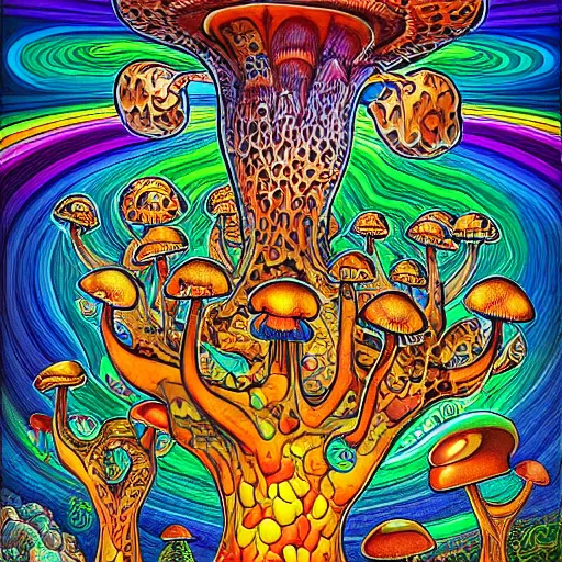 Image similar to mushroom of life painting by aaron brooks, chris dyer, android jones, and alex grey, highly detailed, high quality, high definition, 8k photo