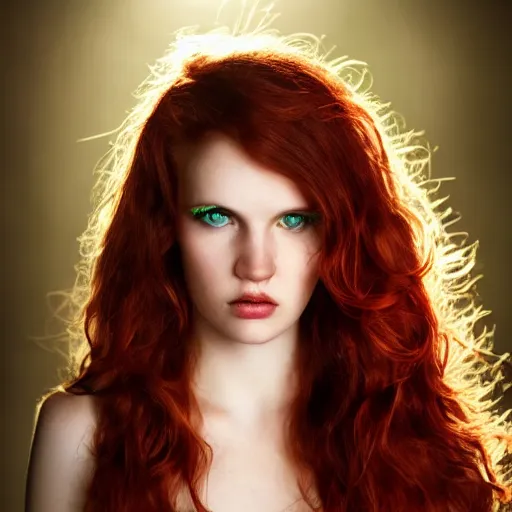 Prompt: beautiful irish lass with red wavy hair and emerald eyes, soft flawless pale skin, photography dramatic dark lighting, hyperrealistic