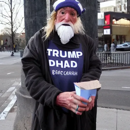 Image similar to donald trump dressed as a homeless man asking for money on the streets, detailed face