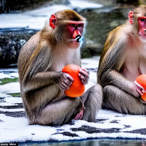 Image similar to a family of Japanese macaques in a snowy hot spring, oranges floating in the water, early morning