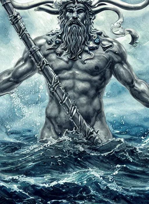 Prompt: Poseidon, the king of sea, with crown and trident rising from the ocean, watercolor, dramatic lighting, cinematic, establishing shot, extremly high detail, foto realistic, cinematic lighting, pen and ink, intricate line drawings, by Yoshitaka Amano, Ruan Jia, Kentaro Miura, Artgerm, post processed, artstation, matte painting, style by eddie mendoza, raphael lacoste, alex ross