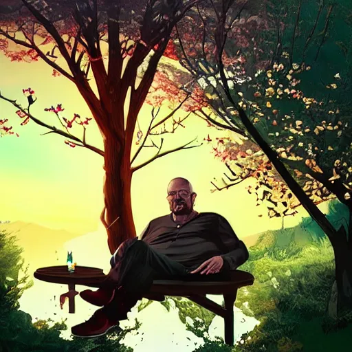 Image similar to featured on artstation walter white sitting under a cherry tree overlooking valley waterfall sunset beautiful image stylized digital art