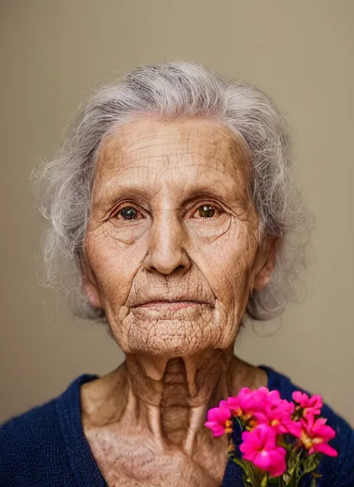 Prompt: portrait of a 8 4 year old woman, symmetrical face, flowers in her hair, she has the beautiful calm face of her mother, slightly smiling, ambient light