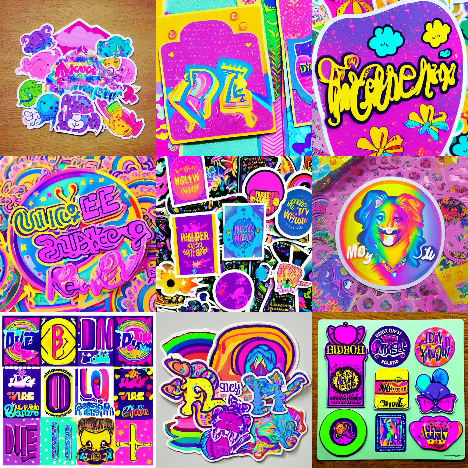 Prompt: die cut stickers with text molly in the style of lisa frank