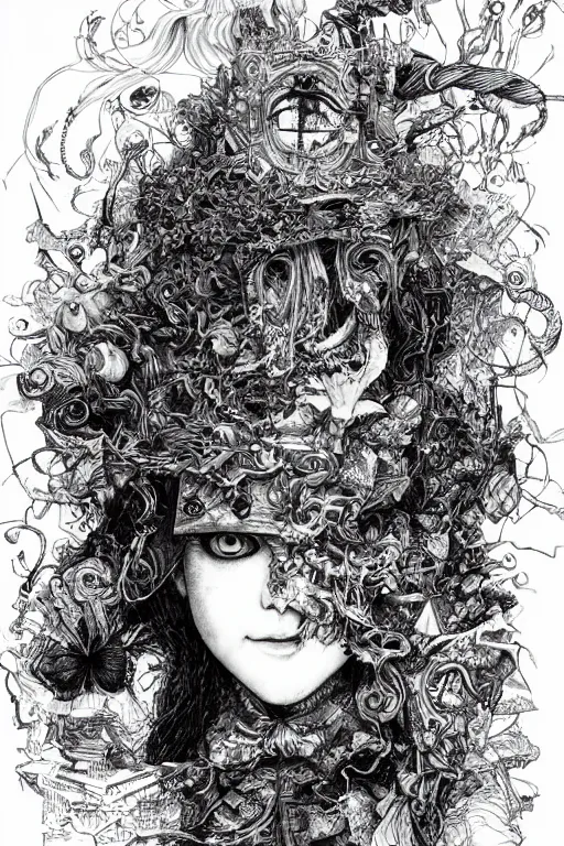 Prompt: We're all mad here Alice, Alice in wonderland, twisted, insanity, pen and ink, intricate line drawings, by Yoshitaka Amano, Ruan Jia, Kentaro Miura, Artgerm, watercolor